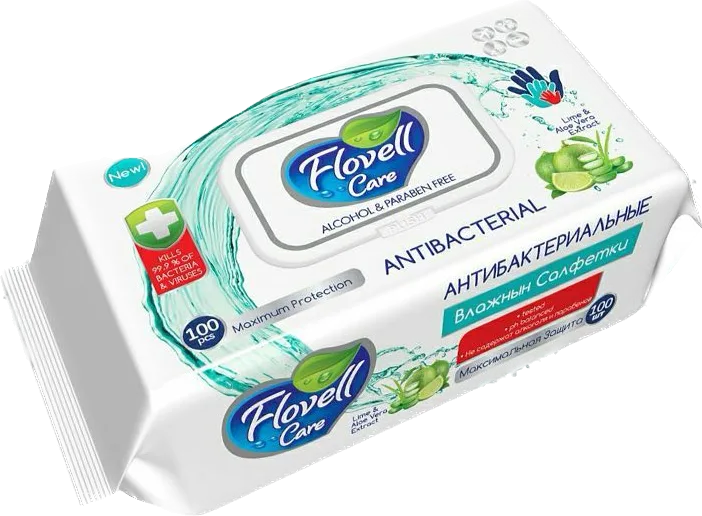 Flovell Алоэ антибактериальные влажные салфетки, без спирта и парабенов, 100шт