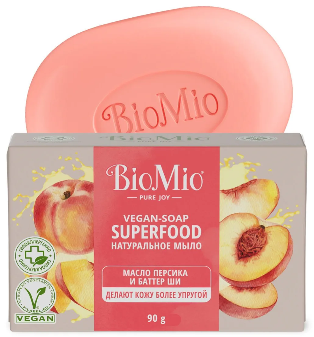 BioMio Натуральное туалетное мыло BIO-SOAP SUPERFOOD, персик и ши, 90 г