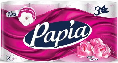 Papia туалетная бумага, "Таинственный Сад", 3 слоя, 8 рулонов