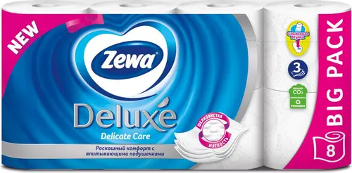 Zewa deluxe Pure, 3 слоя, 8 рулонов, 145 отрывов в рулоне