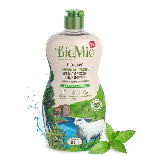 BioMio Средство для мытья посуды, овощей и фруктов с эфирным маслом мяты, 450 мл
