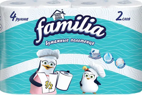 Familia бумажные полотенца , 2-х слойные, 4 рулона, 100 листов в рулоне