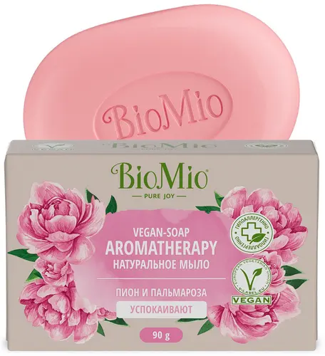 BioMio Натуральное туалетное мыло BIO-SOAP AROMATHERAPY, пион и пальмароза, 90 г